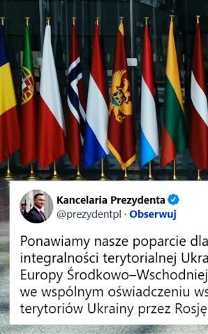 Prezydent: Polska potępia rosyjskie próby aneksji terytorium Ukrainy. Wspólne oświadczenie Prezydentów Państw Europy Środkowo–Wschodniej